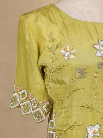 Lime Green Floral Sequins Embellished Crepe Skirt - Diadem