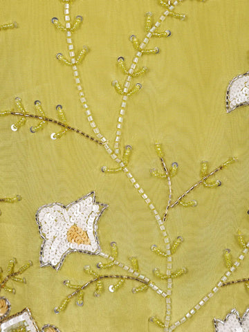 Lime Green Floral Sequins Embellished Crepe Skirt - Diadem