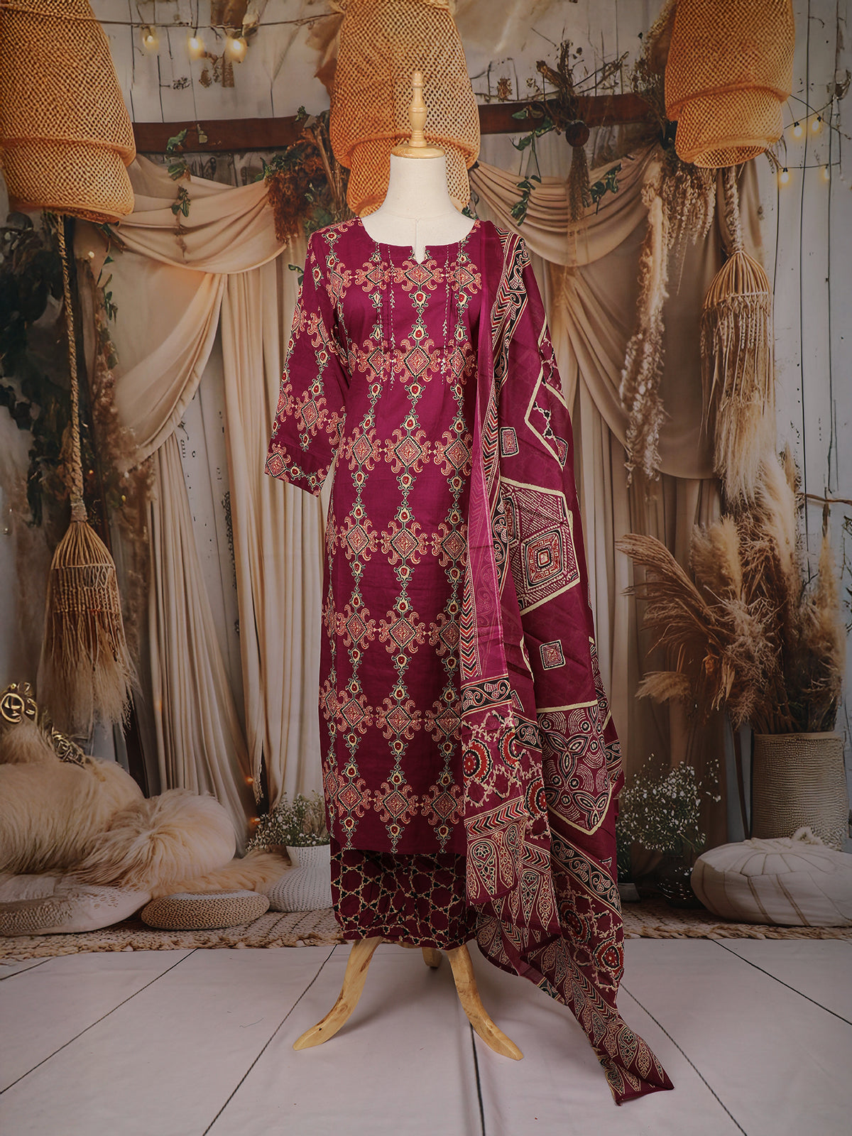 Magenta Geometric Printed Cotton Salwar Suit with Matching Dupatta