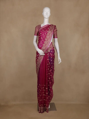 Magenta Pink Floral Design Silk Cotton Saree - Diadem