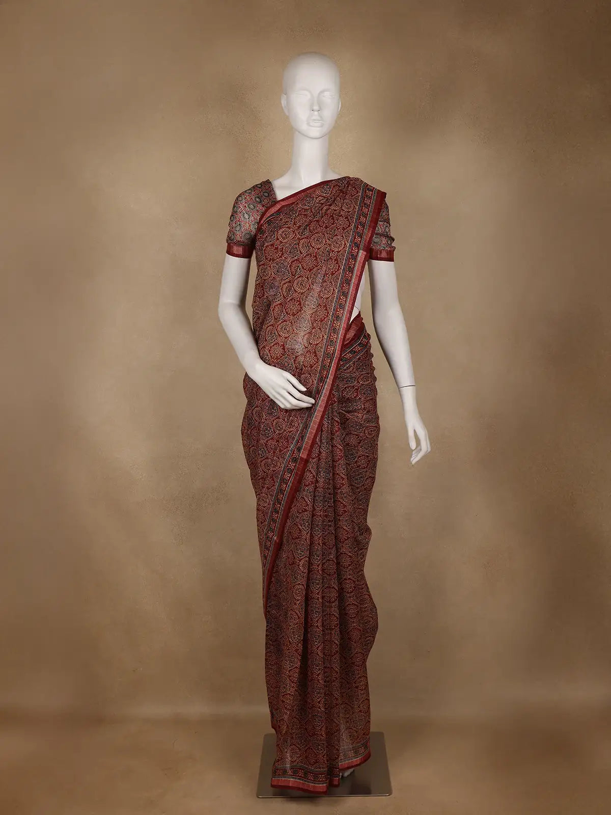 Maroon Ajrakh Floral And Geometric Printed Cotton Saree - Diadem
