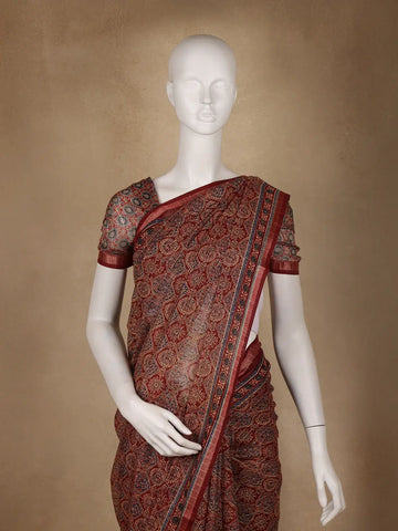 Maroon Ajrakh Floral And Geometric Printed Cotton Saree - Diadem