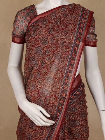 Maroon Ajrakh Floral And Geometric Printed Cotton Saree - Diadem