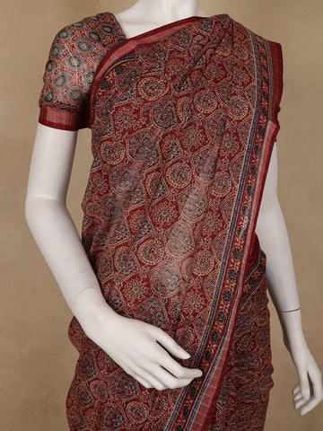 Maroon Ajrakh Floral And Geometric Printed Cotton Saree - Diadem
