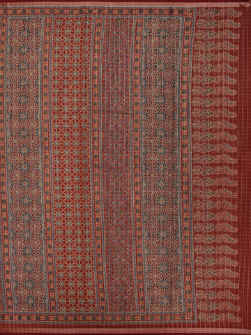 Maroon Ajrakh Floral And Geometric Printed Cotton Saree - Diadem