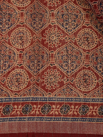 Maroon Ajrakh Floral And Geometric Printed Cotton Saree - Diadem