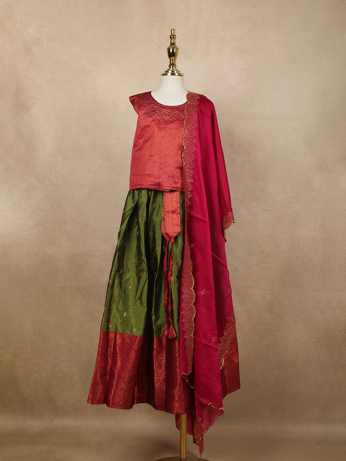 Maroon And Green Floral Zari Woven Raw Silk Pattu Pavadai with Dupatta