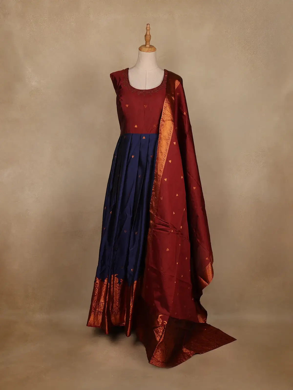Maroon And Navy Blue Banarasi Silk Anarkali Gown with Dupatta - Diadem