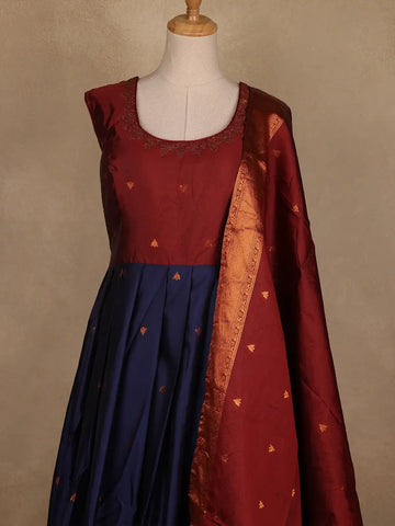 Maroon And Navy Blue Banarasi Silk Anarkali Gown with Dupatta - Diadem