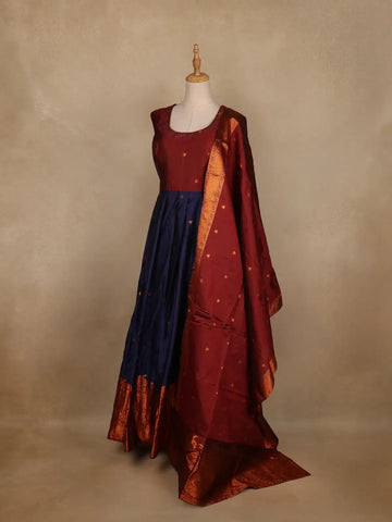 Maroon And Navy Blue Banarasi Silk Anarkali Gown with Dupatta - Diadem