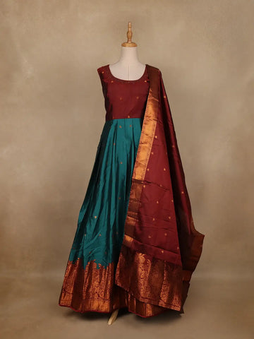 Maroon And Peacock Blue Floral Woven Banarasi Silk Gown With Dupatta - Diadem