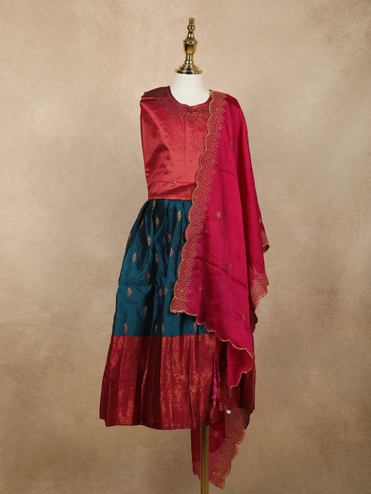 Maroon And Teal Blue Zari Woven Raw Silk Pattu Pavadai with Dupatta