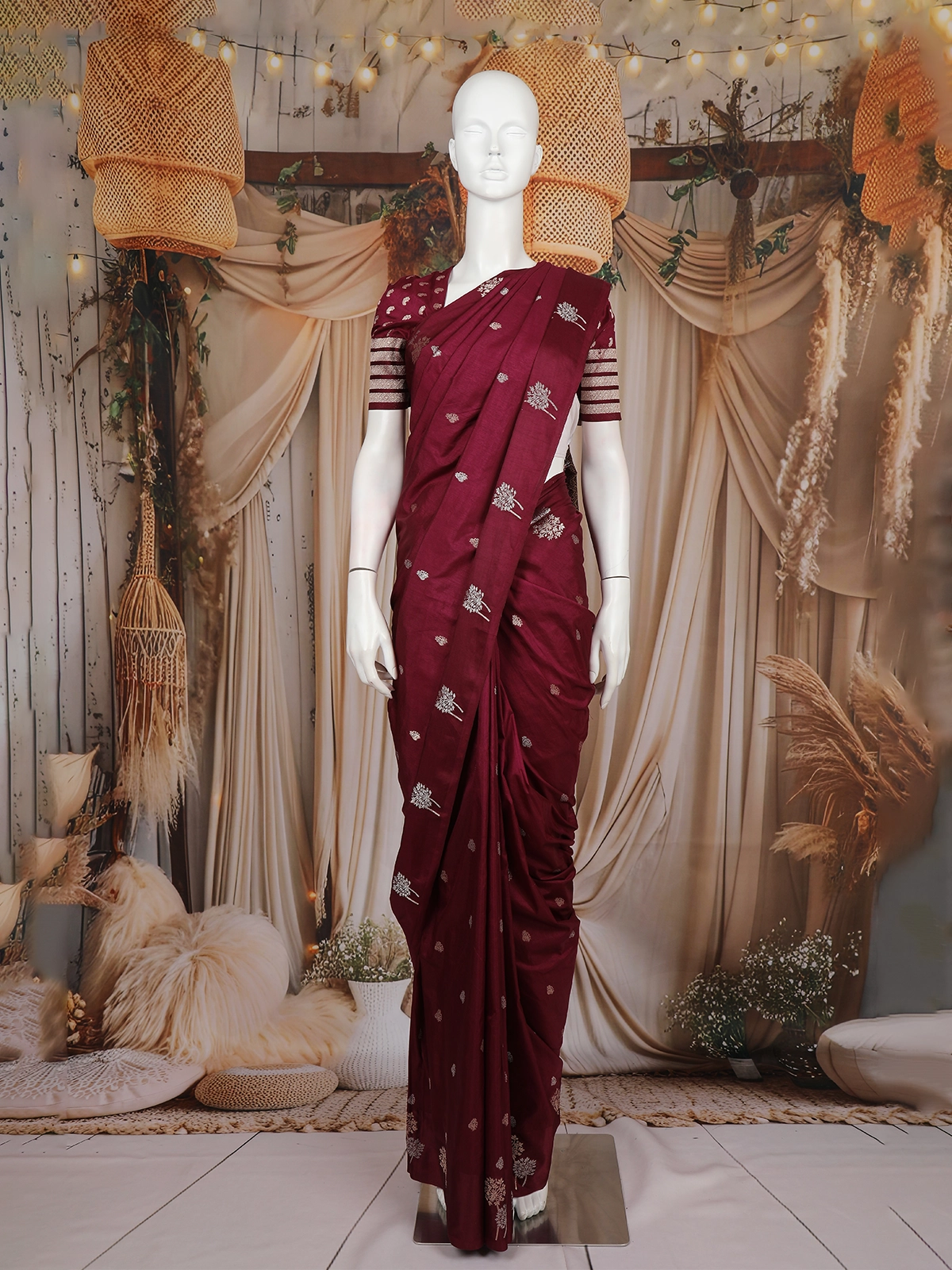 Maroon Butta Design Semi Banarasi Saree