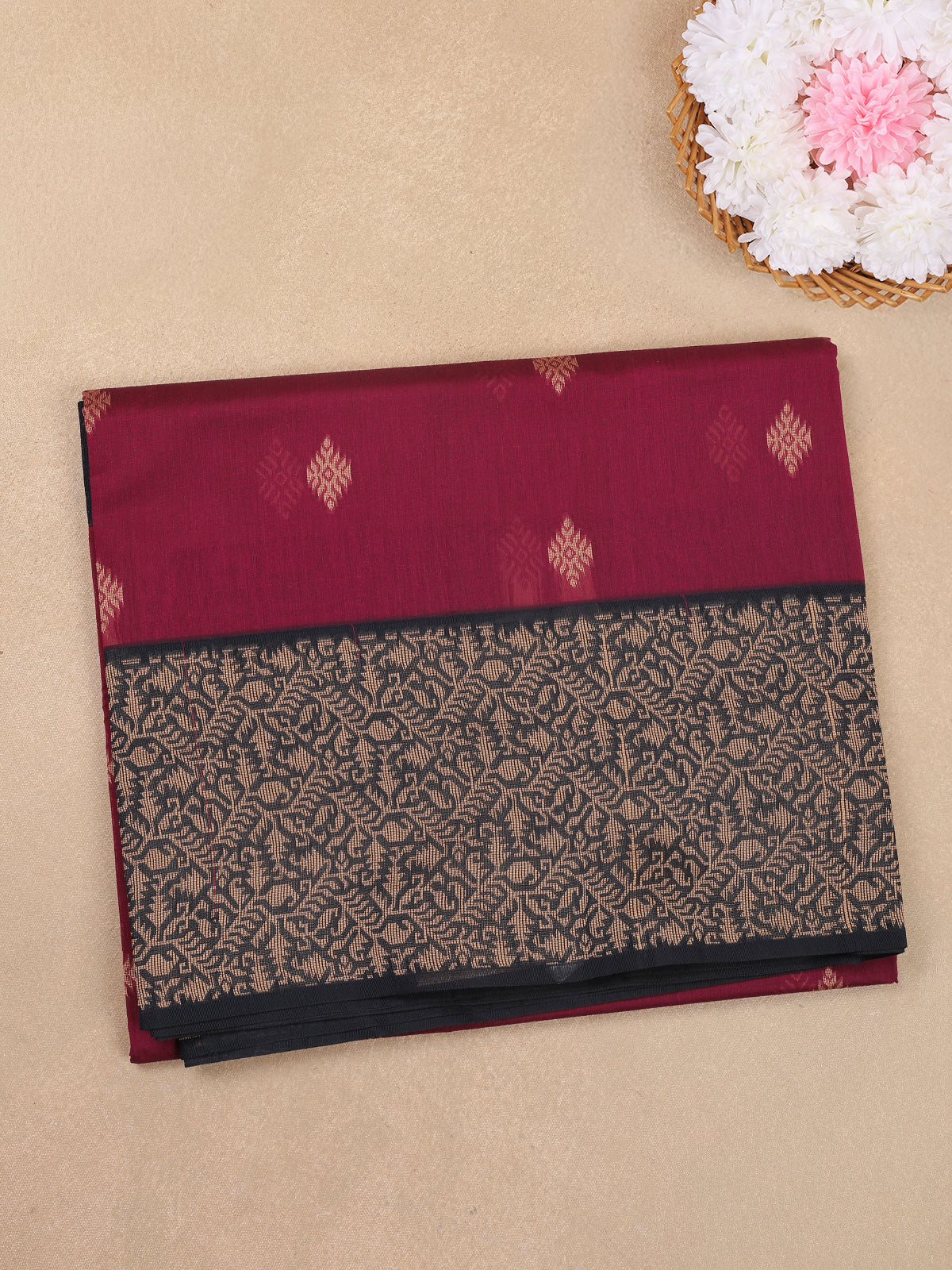 Maroon Butta Woven Design Cotton Saree with Contrast Border