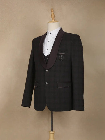 Maroon Checked Design Viscose Men's Suit - Diadem