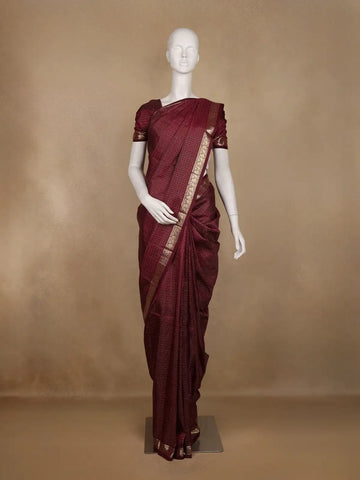 Maroon Checked Woven Pure Kanchipuram Silk Saree with Zari Border - Diadem