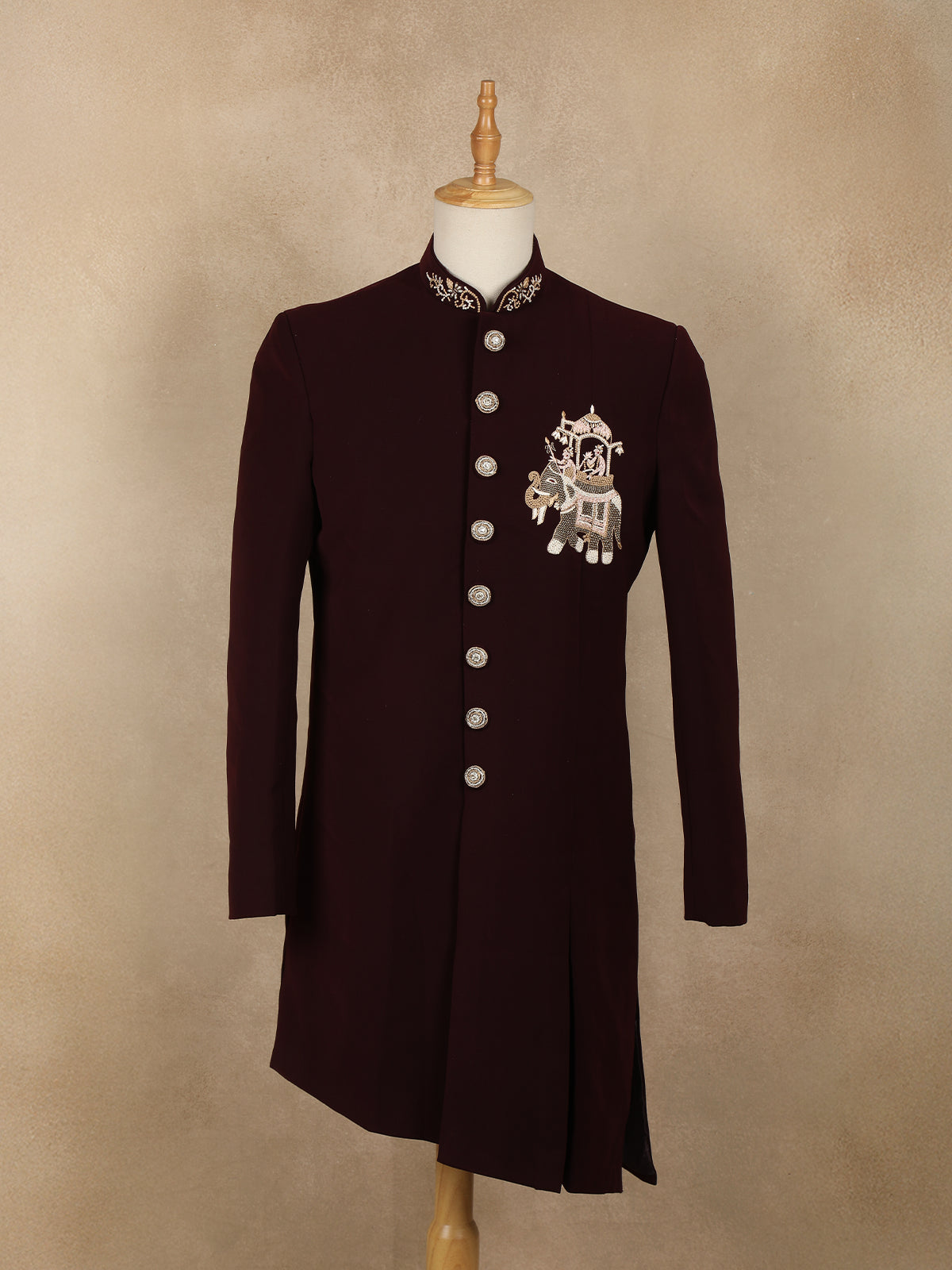 Maroon Embroidered Design Jacquard Indo-Western Sherwani