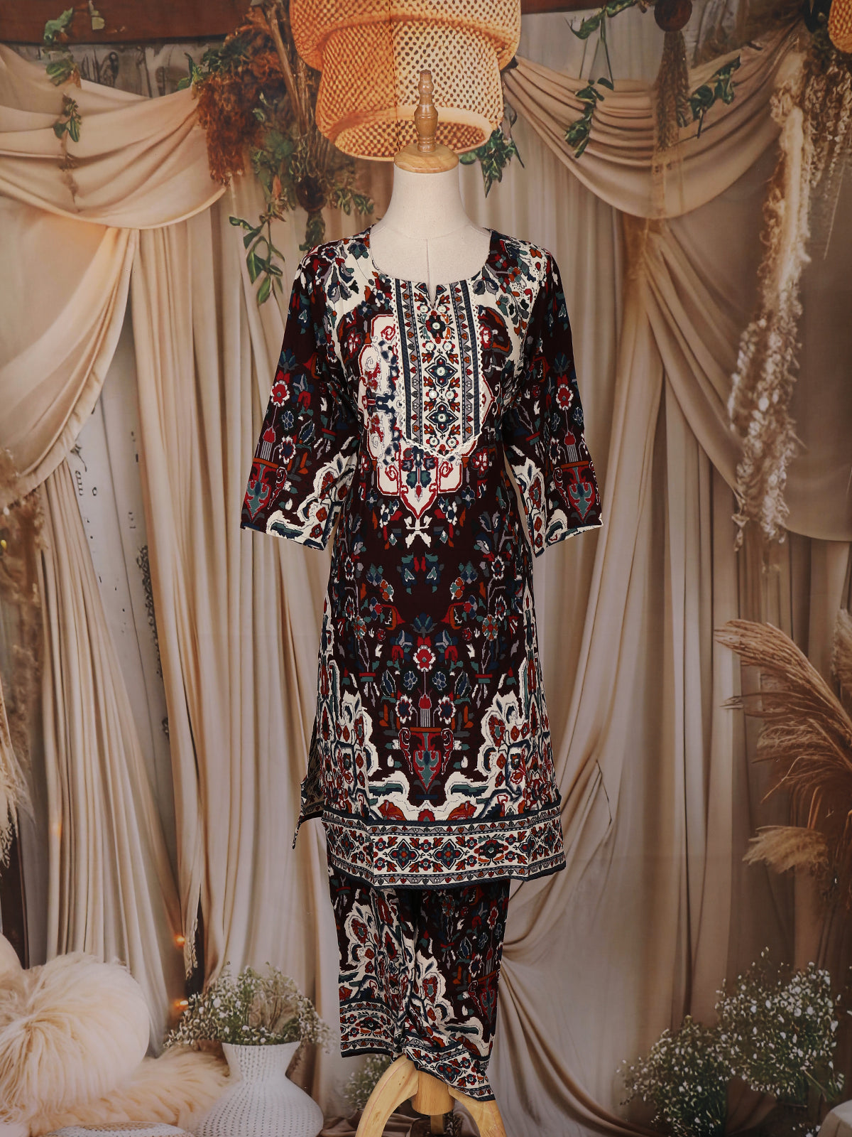 Maroon Ethnic Printed Design Cotton Straight Cut Salwar Suit