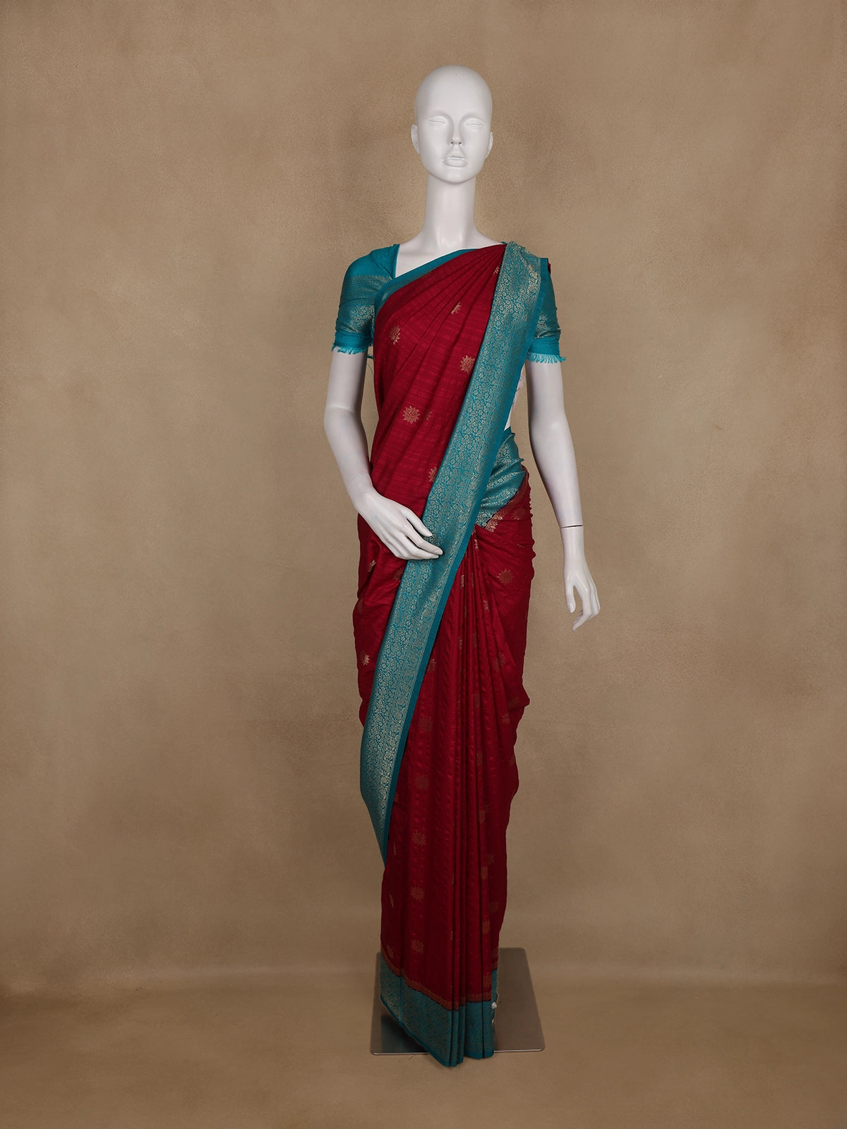 Maroon Floral Butta Woven Semi Banarasi Silk Saree