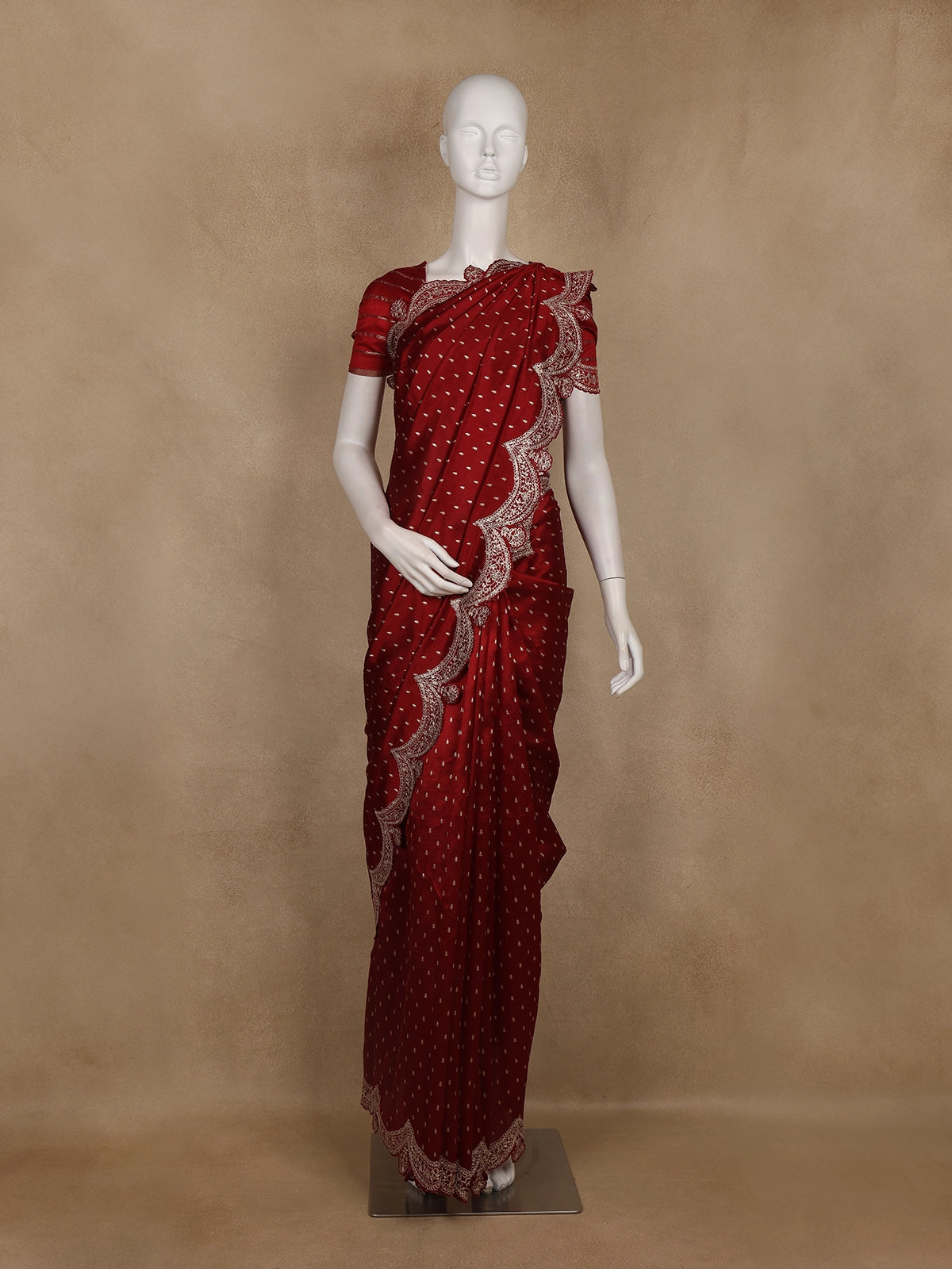 Maroon Small Butta Design katan Banarasi Saree with Embroidered Scalloped Border