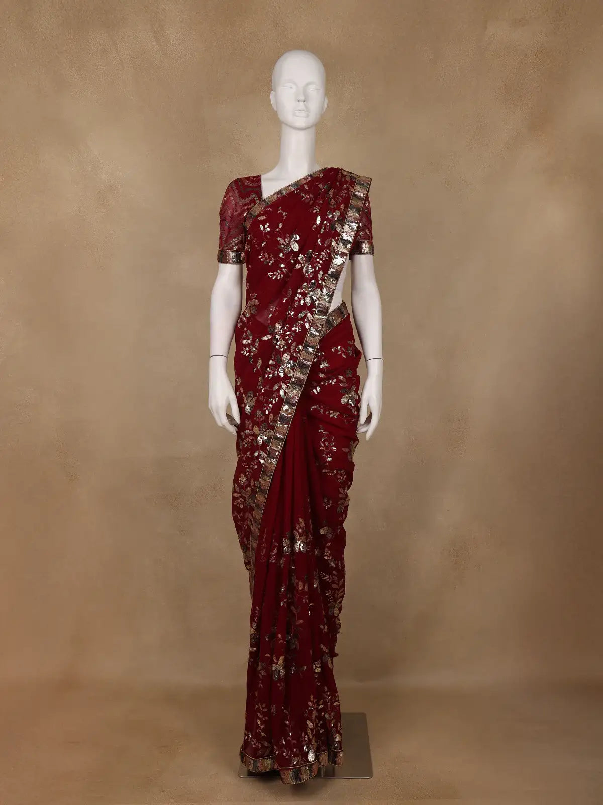 Maroon Floral Design Georgette Designer Saree - Diadem