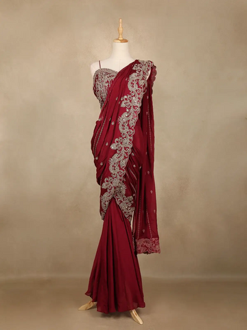 Maroon Floral Design Georgette Ready To Wear Saree With Matching Embroidered Blouse - Diadem