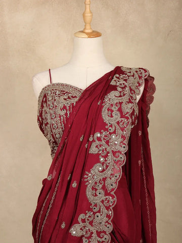 Maroon Floral Design Georgette Ready To Wear Saree With Matching Embroidered Blouse - Diadem