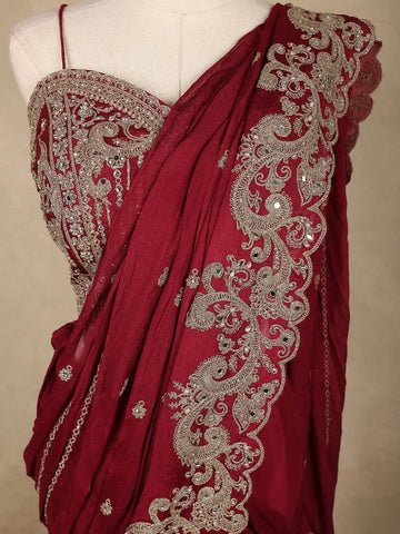 Maroon Floral Design Georgette Ready To Wear Saree With Matching Embroidered Blouse - Diadem