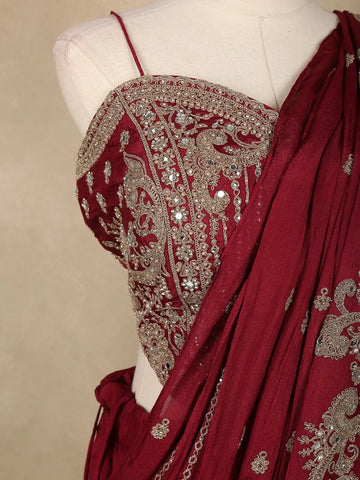 Maroon Floral Design Georgette Ready To Wear Saree With Matching Embroidered Blouse - Diadem