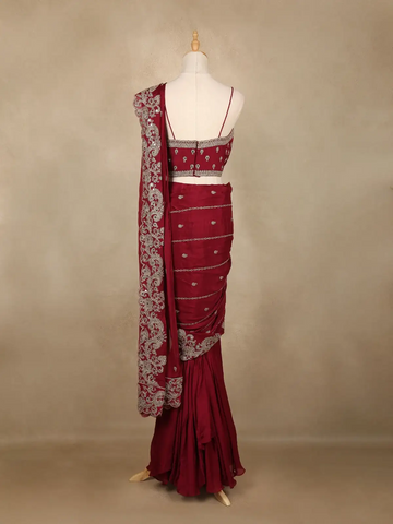 Maroon Floral Design Georgette Ready To Wear Saree With Matching Embroidered Blouse - Diadem
