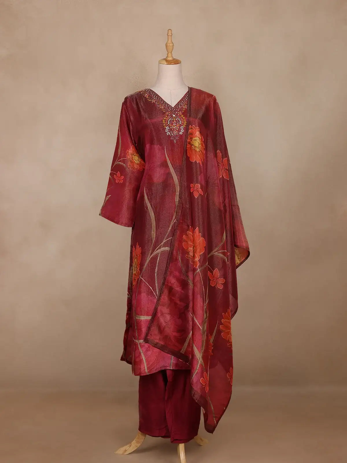 Maroon Floral Design Organza Salwar Suit - Diadem