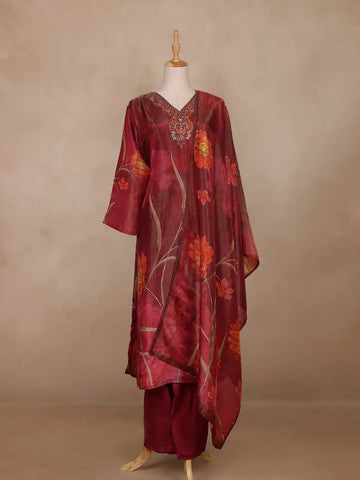 Maroon Floral Design Organza Salwar Suit - Diadem