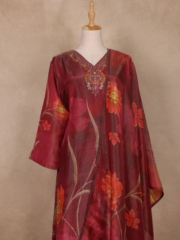 Maroon Floral Design Organza Salwar Suit - Diadem