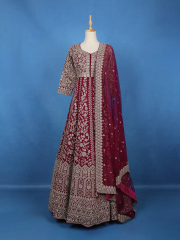 Maroon Floral Designed Anarkali Georgette Gown - Diadem