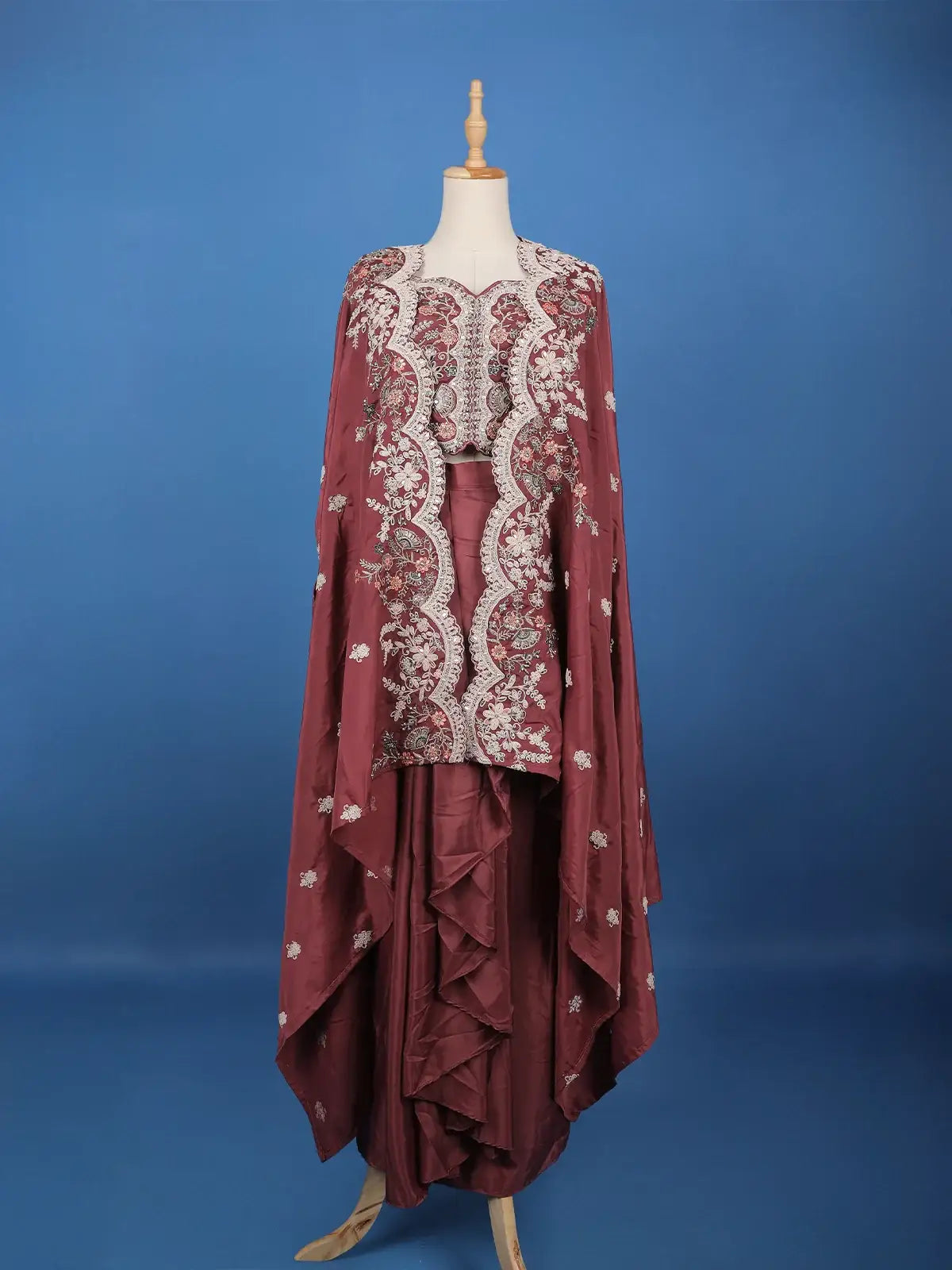 Maroon Floral Embroidered Cape Style Draped Satin Skirt Top - Diadem