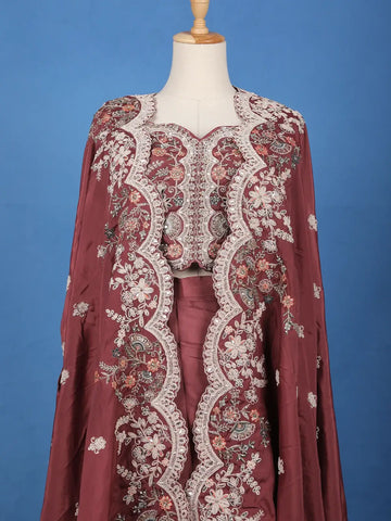 Maroon Floral Embroidered Cape Style Draped Satin Skirt Top - Diadem