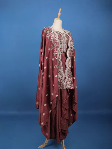 Maroon Floral Embroidered Cape Style Draped Satin Skirt Top - Diadem