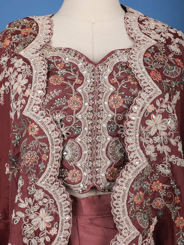 Maroon Floral Embroidered Cape Style Draped Satin Skirt Top - Diadem