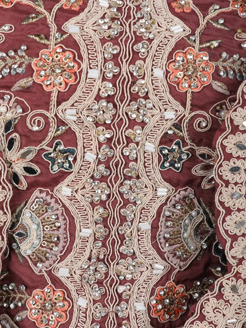 Maroon Floral Embroidered Cape Style Draped Satin Skirt Top - Diadem