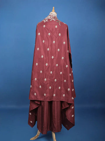 Maroon Floral Embroidered Cape Style Draped Satin Skirt Top - Diadem