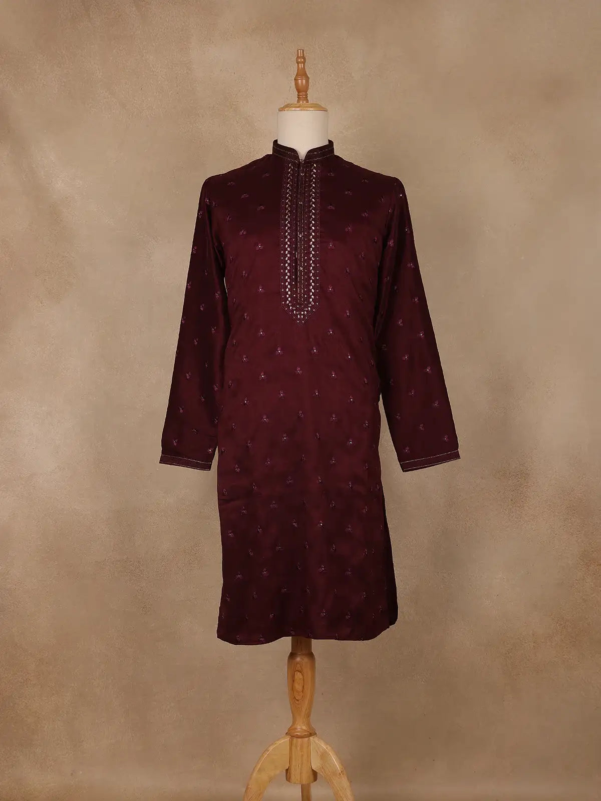 Maroon Floral Embroidered Cotton Kurta for Men - Diadem
