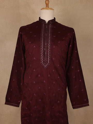 Maroon Floral Embroidered Cotton Kurta for Men - Diadem