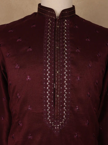 Maroon Floral Embroidered Cotton Kurta for Men - Diadem