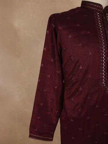 Maroon Floral Embroidered Cotton Kurta for Men - Diadem