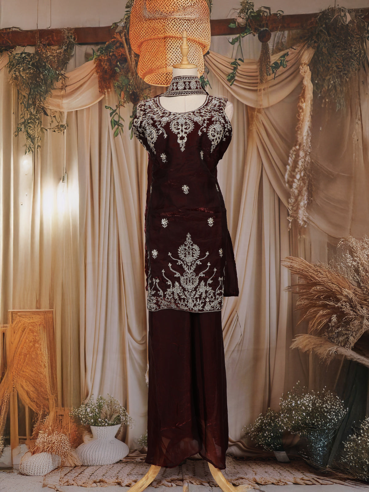 Maroon Floral Embroidered Organza Palazzo Suit