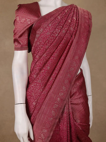 Maroon Floral Jaal Woven Pure Kanchipuram Silk Saree With Zari Border - Diadem