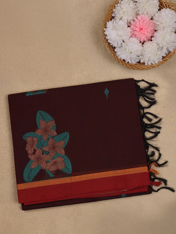 Maroon Floral Motif Design Cotton Saree - Diadem