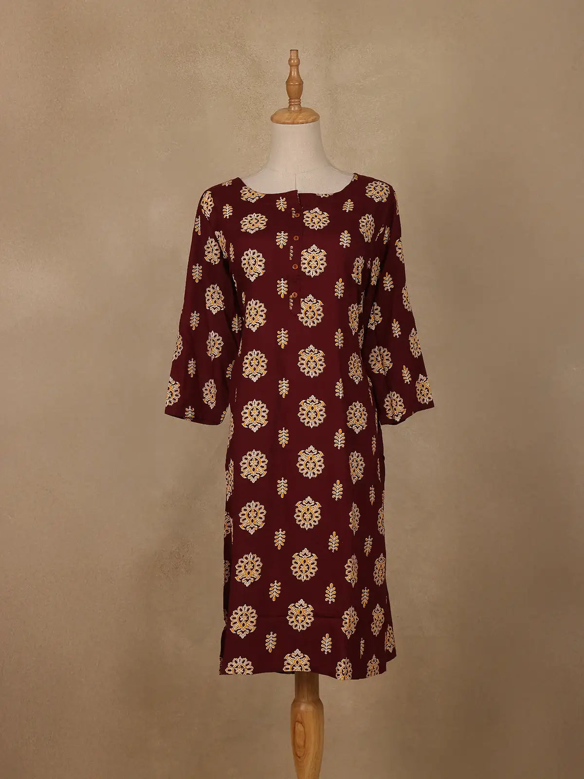 Maroon Floral Print Cotton Kurti - Diadem
