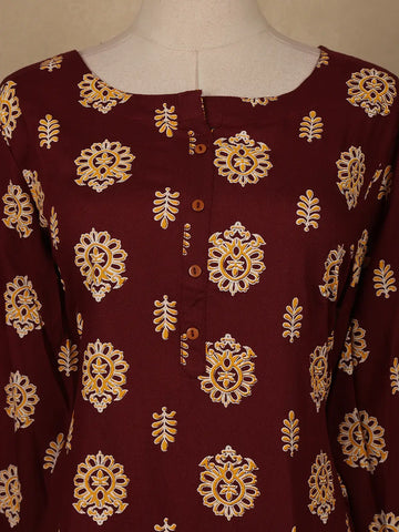 Maroon Floral Print Cotton Kurti - Diadem