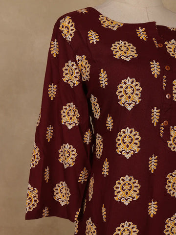 Maroon Floral Print Cotton Kurti - Diadem